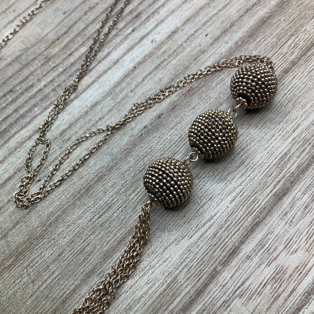 Chico's Gold Tone Granulated Triple Drop Pendant Tassel Chain Necklace